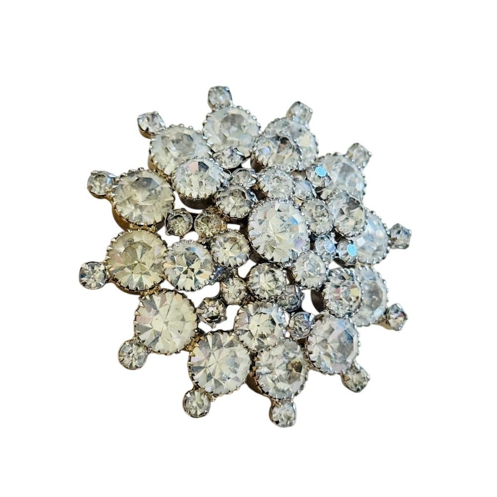 Vtg D&E Juliana Snowflake Pin Brooch Clear Silver Crystal Rhinestone Layered 60s